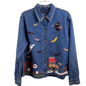 New Direction Halloween Embroidered Blue Jean Jacket Witches Ghost Bats Large